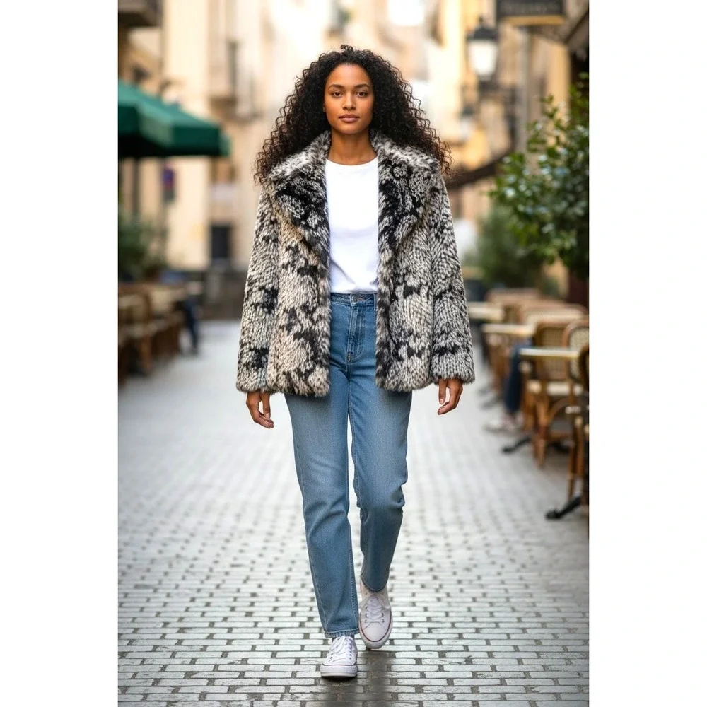 (F-174) Dennis Basso Faux Fur Coat QVC Women XXS Black White Leopard Jacket‎ New